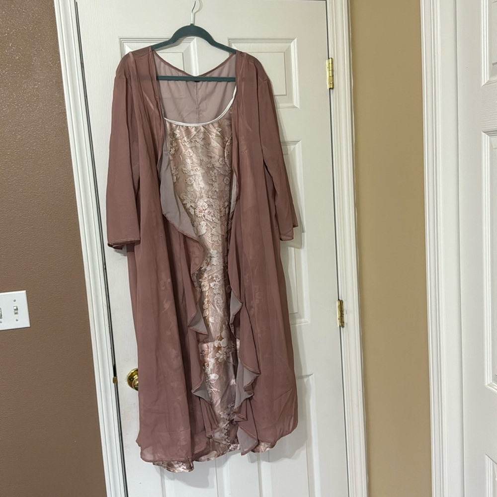 Size 3X - 2 piece formal gown. Sheer jacket over spaghetti strap, silky gown